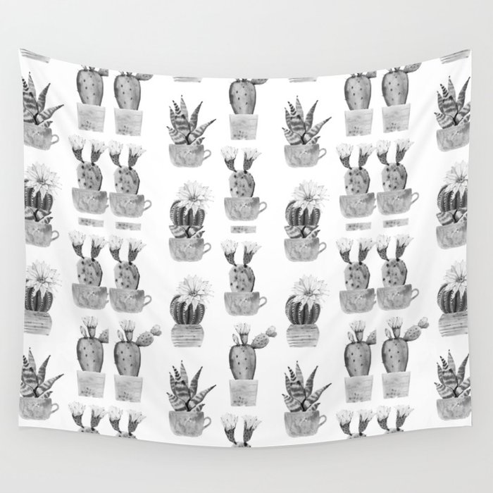 Potted Cactus Black and White Wall Tapestry
