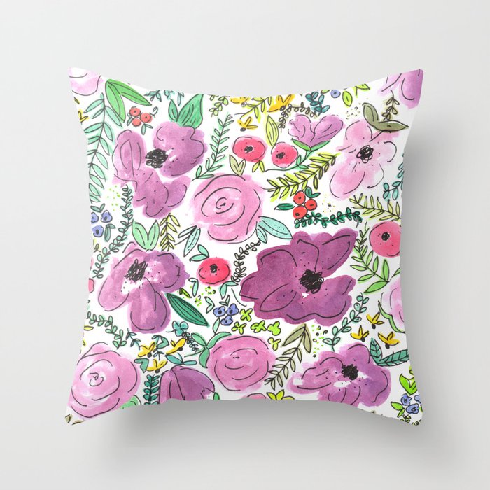 Purple Floral Design - Watercolor Painting  Throw Pillow