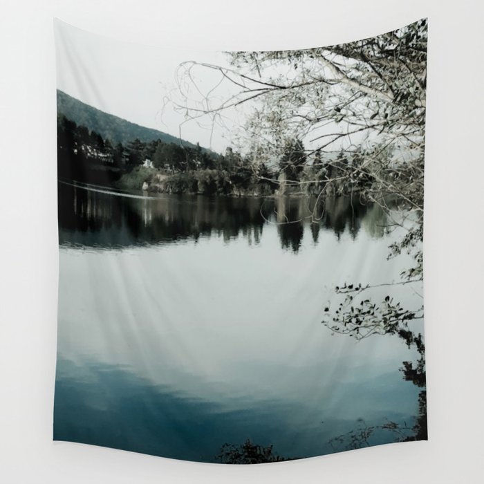 Reclusive remote nordic blue lake landscape Wall Tapestry