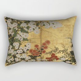 White Red Chrysanthemums Floral Japanese Gold Screen Rectangular Pillow