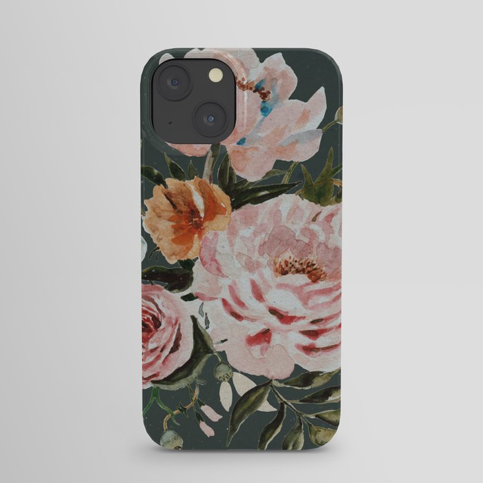 Loose Peonies and Poppies on Vintage Green iPhone Case