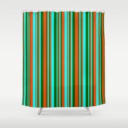 [ Thumbnail: Red, Cyan, and Dark Green Colored Lined/Striped Pattern Shower Curtain ]