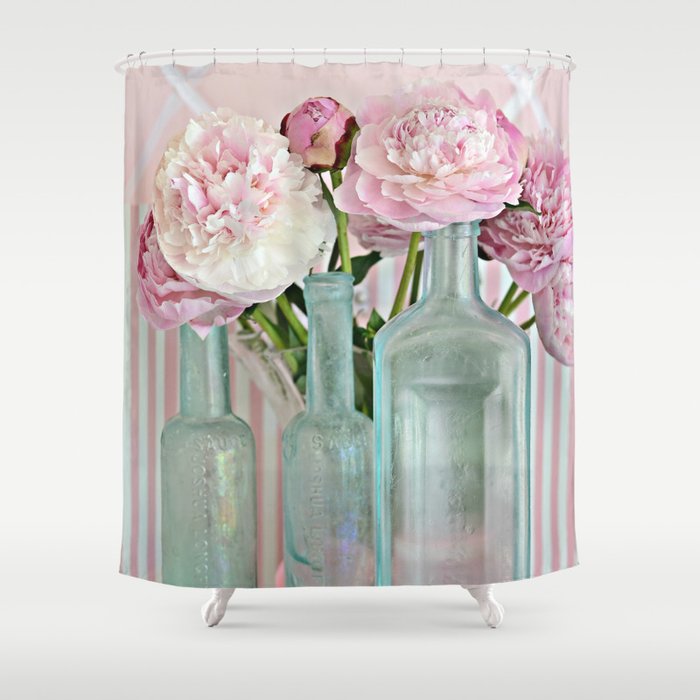 Peonies Shabby Chic Cottage Pink Aqua Peony Bottles Art Print Home Decor Shower Curtain