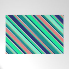 [ Thumbnail: Eyecatching Green, Dark Cyan, Midnight Blue, Aquamarine & Light Coral Colored Lines Pattern Welcome Mat ]