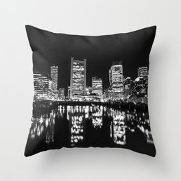 Boston Skyline Reflecting on the Fort Point Channel and Seaport Blvd Throw Pillow