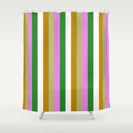 [ Thumbnail: Eyecatching Dark Khaki, Violet, Forest Green, White, and Dark Goldenrod Colored Stripes Pattern Shower Curtain ]