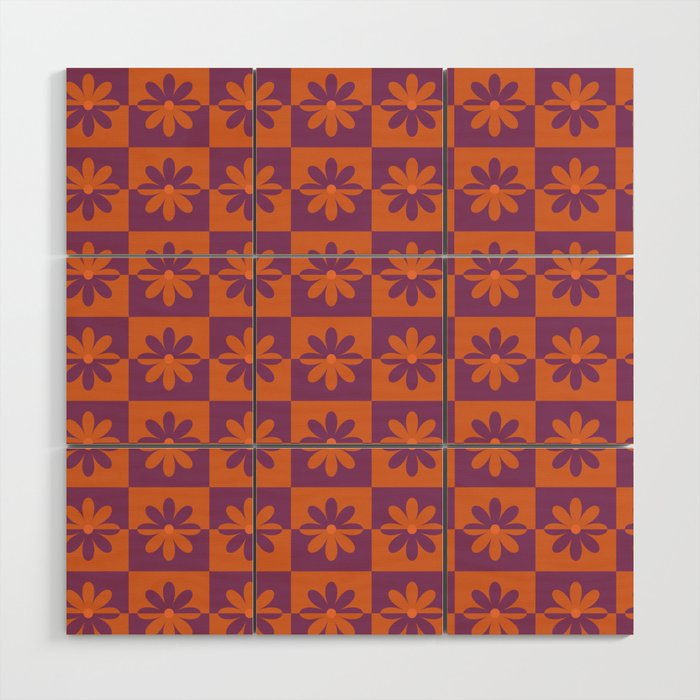 Retro Floral Pattern - Purple Orange 2 Wood Wall Art