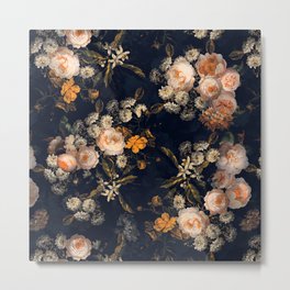 Antique Botanical Peach Roses And Chamomile Midnight Garden Metal Print | Exotic, Summer, Pattern, Floral, Bohemian, Watercolor, Midnight, Springflowers, Flowers, Painting 