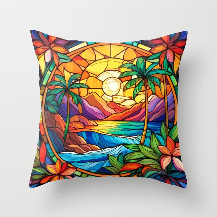 Tropical island bay stained glass art Throw Pillow