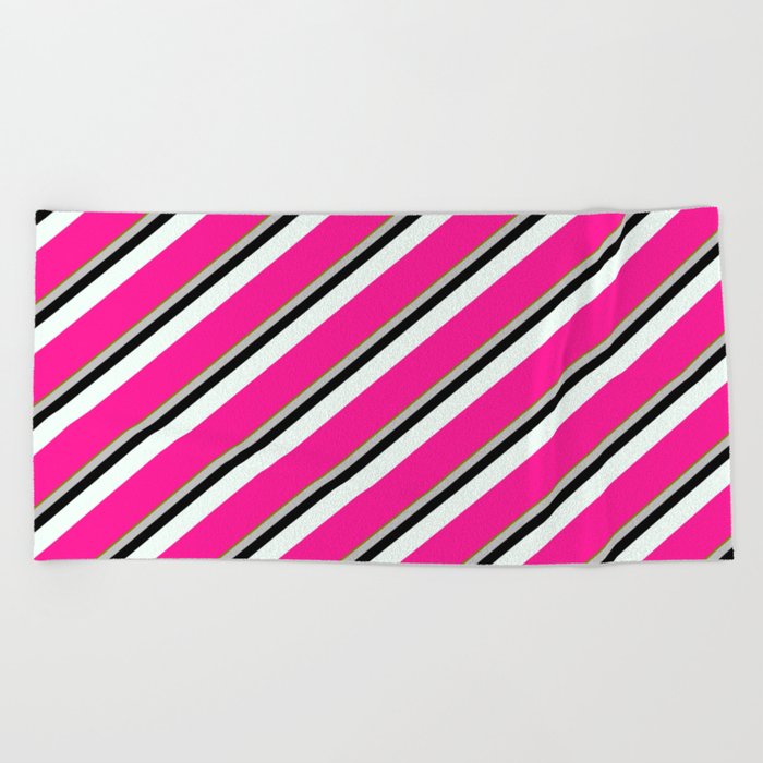 Vibrant Green, Grey, Black, Mint Cream, and Deep Pink Colored Stripes Pattern Beach Towel