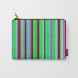 [ Thumbnail: Eye-catching Orchid, Sky Blue, Lime, Green & Dark Red Colored Lined Pattern Carry-All Pouch ]