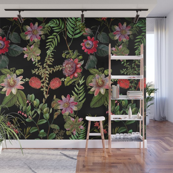 Midnight Summer Exotic Passiflora Flowers Garden Wall Mural by Vintage ...