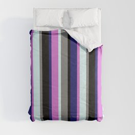 [ Thumbnail: Eye-catching Midnight Blue, Orchid, Light Cyan, Gray, and Black Colored Stripes/Lines Pattern Comforter ]