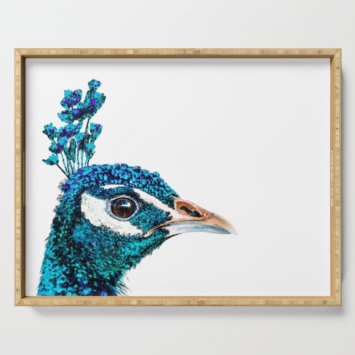 Proud Peacock Bird Art In Blue And Teal Serving Tray
