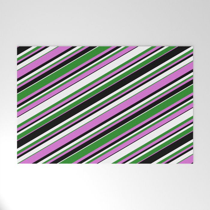 Forest Green, Orchid, Black & White Colored Striped/Lined Pattern Welcome Mat