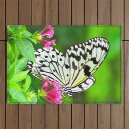 Butterfly and Pink Flowers Outdoor Rug