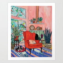 Red Armchair in Pink Interior with Houseplants, Ginger Cat, and Spaniel Interior Painting Art Print