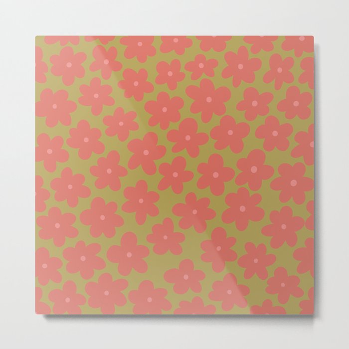 Sea of Flower Power - soft coral, mustard green Metal Print