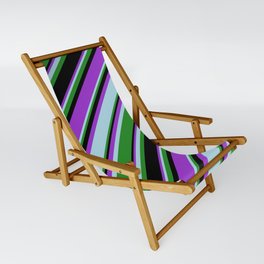 [ Thumbnail: Dark Orchid, Light Blue, Forest Green, and Black Colored Stripes/Lines Pattern Sling Chair ]