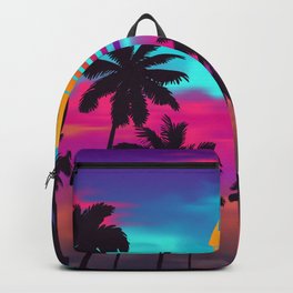 Gorgeous Crimson Sunset Synthwave Backpack | Graphicdesign, 80S, Tropical, Retrowave, Vaporwave, Summer, Palm Trees, Digital, Glitch, Modern 