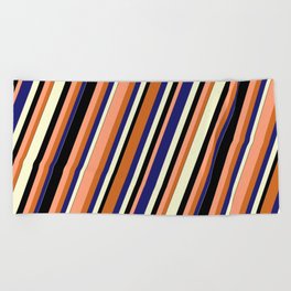 [ Thumbnail: Vibrant Light Salmon, Chocolate, Midnight Blue, Light Yellow, and Black Colored Stripes Pattern Beach Towel ]