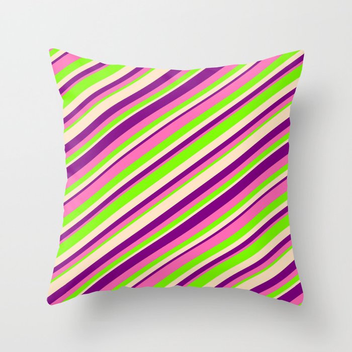 Purple, Hot Pink, Green & Bisque Colored Lined Pattern Throw Pillow