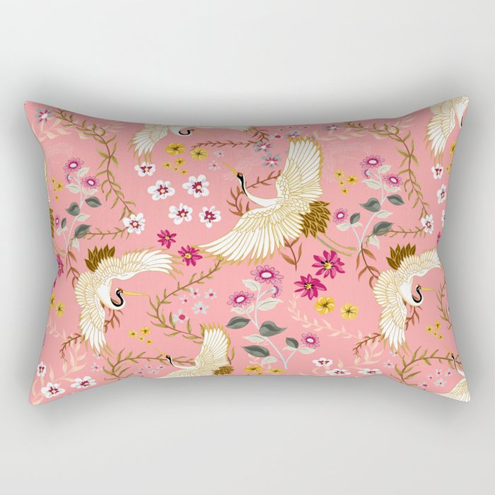 Chinoiserie cranes on pink, birds, flowers,  Rectangular Pillow