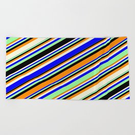 [ Thumbnail: Vibrant Dark Orange, Beige, Blue, Green, and Black Colored Lines/Stripes Pattern Beach Towel ]