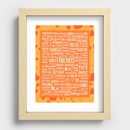 The word "Friends" in different languages of the world on an orange background with hearts Recessed Framed Print