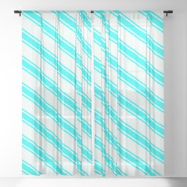[ Thumbnail: Mint Cream & Aqua Colored Lined/Striped Pattern Sheer Curtain ]