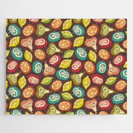 JUICY FRUITS FRESH RIPE FRUIT in RETRO MULTI-COLORS ON BROWN Jigsaw Puzzle