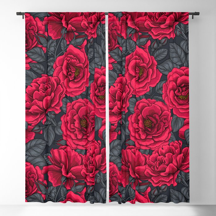 Red roses with gray leaves on black Blackout Curtain