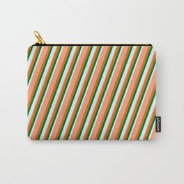 [ Thumbnail: Chocolate, Dark Green, Light Cyan & Light Salmon Colored Lined/Striped Pattern Carry-All Pouch ]