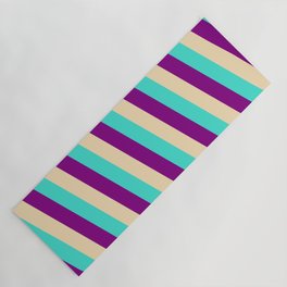 [ Thumbnail: Turquoise, Purple & Tan Colored Stripes/Lines Pattern Yoga Mat ]