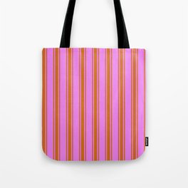 [ Thumbnail: Violet and Chocolate Colored Lines/Stripes Pattern Tote Bag ]