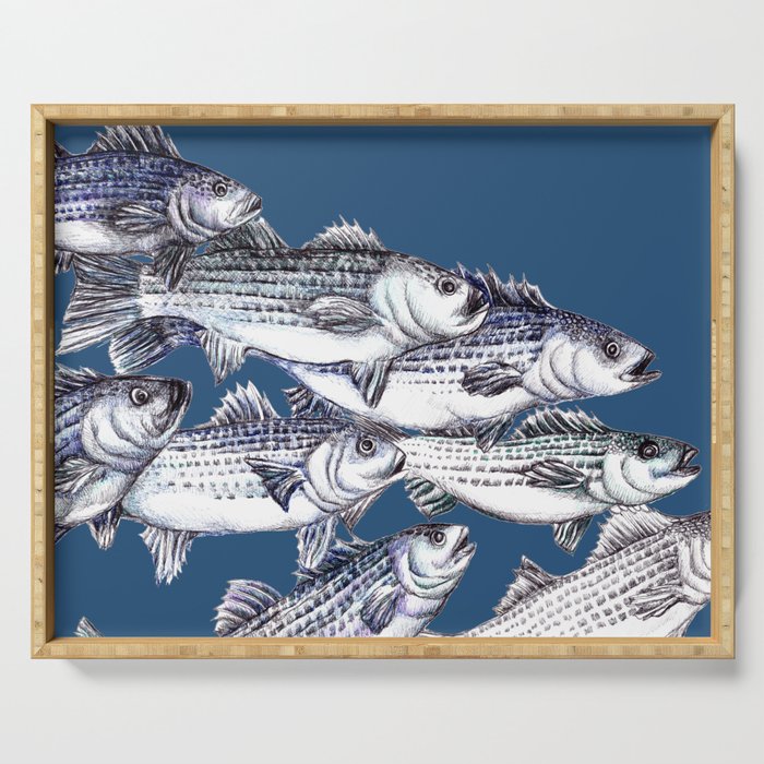 Striped Bass Fish in Marine Blue Serving Tray