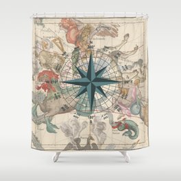 Compass Graphic with an ancient Constellation Map Shower Curtain