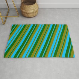[ Thumbnail: Dark Green, Green, and Deep Sky Blue Colored Lined Pattern Rug ]