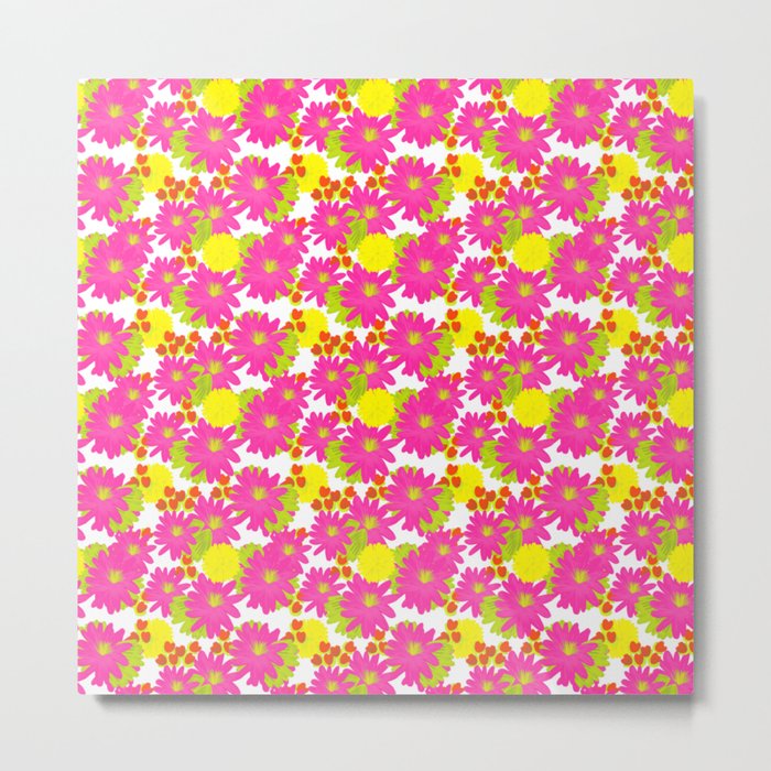 Retro Modern Tropical Flowers in Hot Pink And Yellow Metal Print