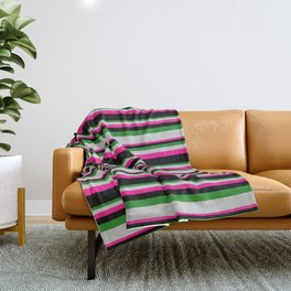 [ Thumbnail: Forest Green, Light Gray, Deep Pink, and Black Colored Stripes Pattern Throw Blanket ]