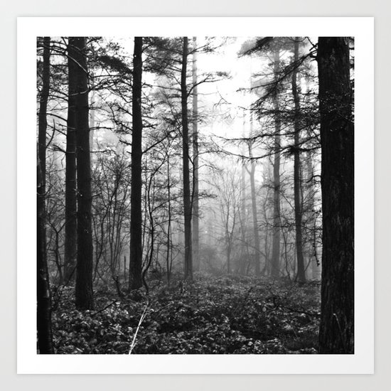 Dark & Eerie Foggy Forest (Black & White) Art Print