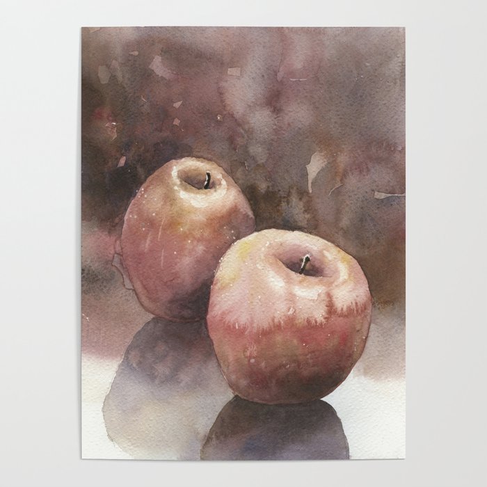 Apple still-life watercolor painting.  Red apples on table watercolor painting  Poster