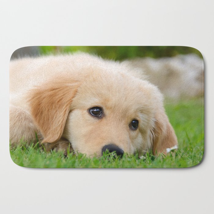 Golden Retriever puppy, cute dog Bath Mat by Katho Menden