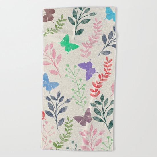 Watercolor flowers & butterflies Beach Towel