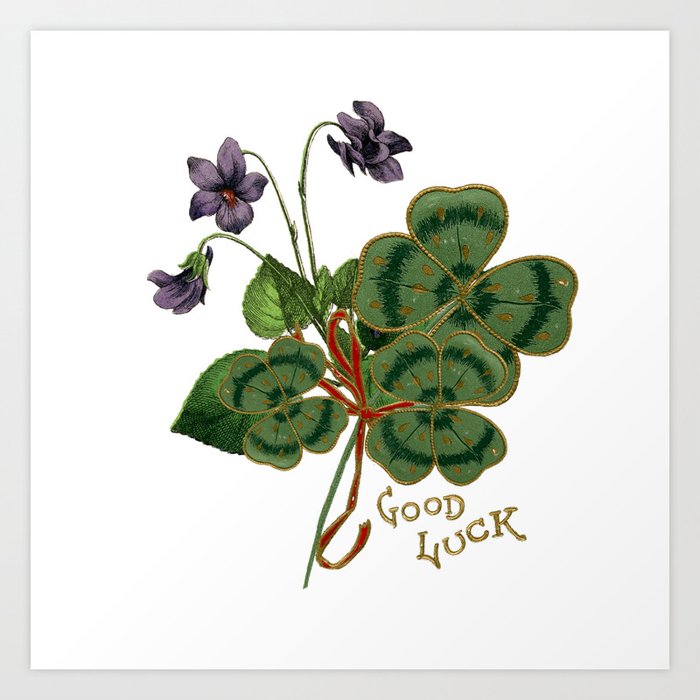 Good Luck Four Leaf Clover and Violets Art Print