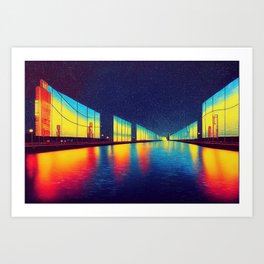 The City Canal - Cyberpunk Futurism - Impressionist - Impressionism - Urban Waterway - Cement River - Starry Skies - Future Architecture Art Print