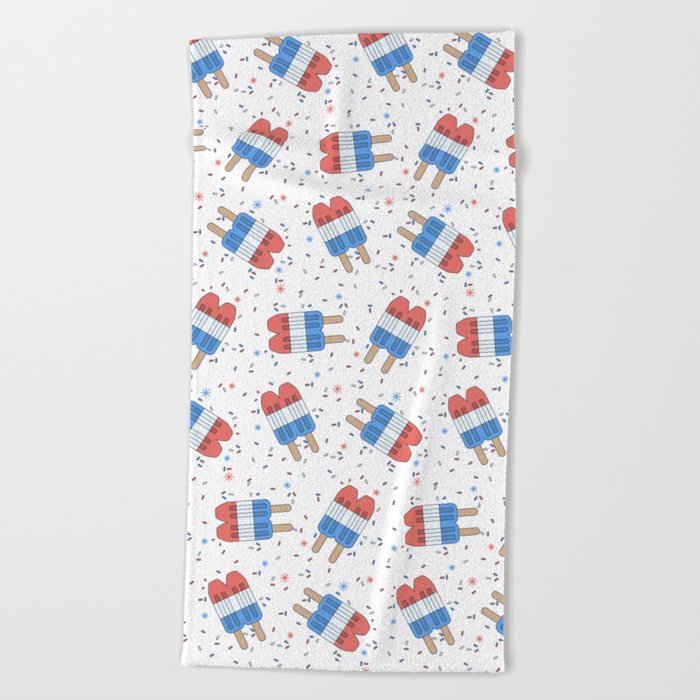 Rocket Pop; Red White and Blue Popsicle 4th of July Patriotic USA Pattern w/ Stars & Sprinkles Beach Towel