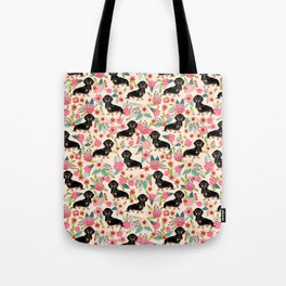 Doxie Florals - vintage doxie and florals gifts for dog lovers, dachshund decor, black and tan doxie Tote Bag