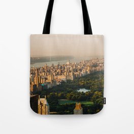 New York City Manhattan skyline and Central Park aerial view at sunset Tote Bag