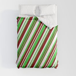 [ Thumbnail: Maroon, White, and Lime Green Colored Striped/Lined Pattern Comforter ]